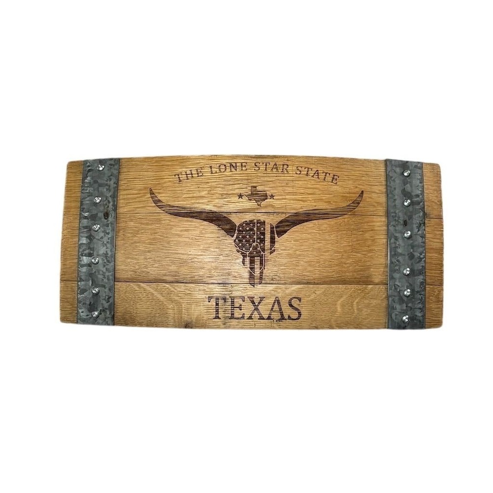 Texas Longhorns Rustic Wine Barrel Stave Wall‎ Sign Engraved Brown